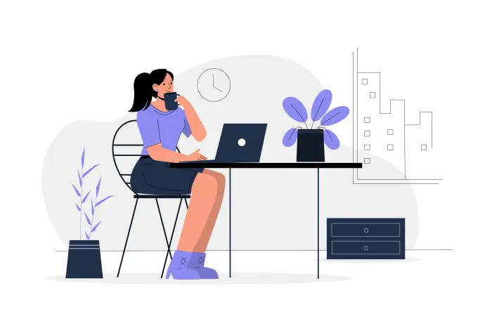 Remote Working Woman at Desk with Laptop Flat Character Illustration image